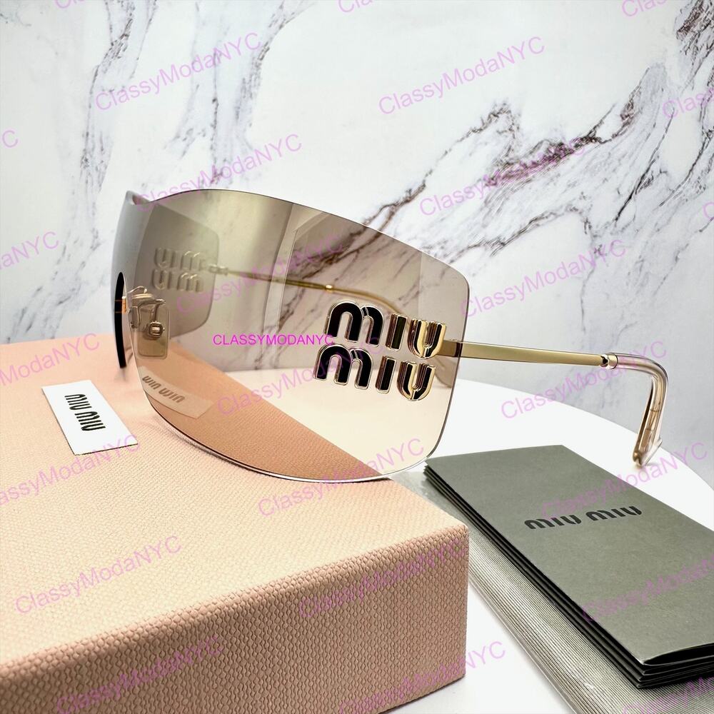 New MIU MIU Aube Sunglasses Gold Light Brown Mirror Bronze Rimless Wrap Womens